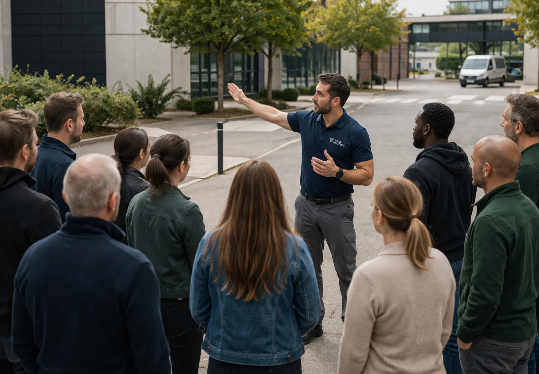 Briefing sécurité en extérieur avec un groupe